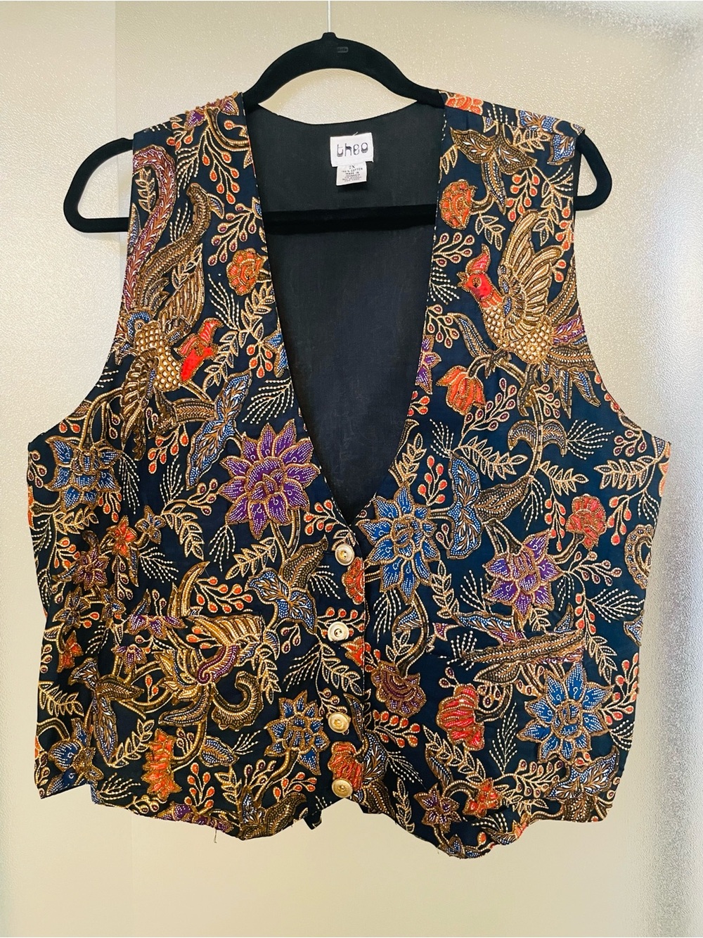 Vintage Embroidered Floral Vest in Black-Navy with Multicolor Accents